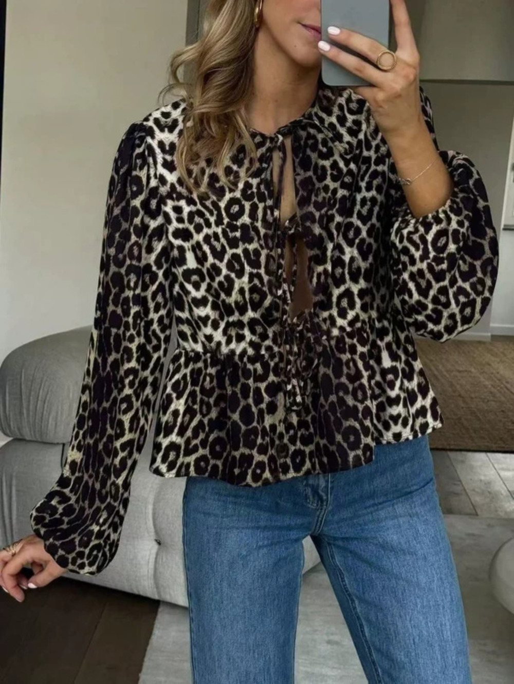 ZARA French Leopard Print Tie Neck Lantern Sleeve Blouse for Women